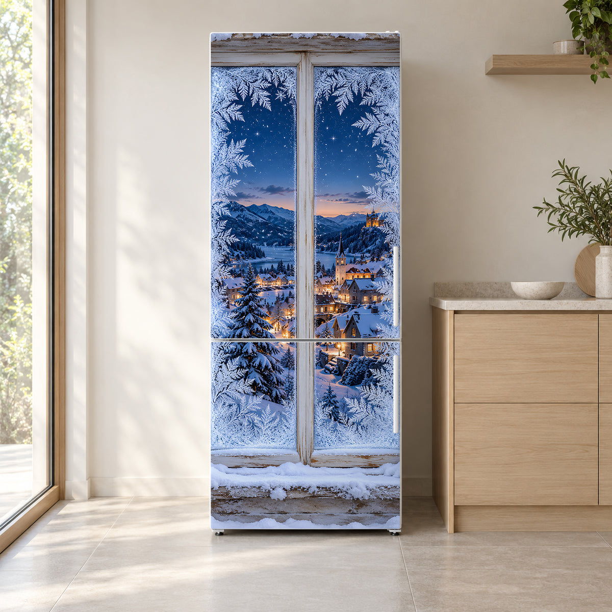 Frosted Winter Window fridge wrap on a white refrigerator in a bright kitchen