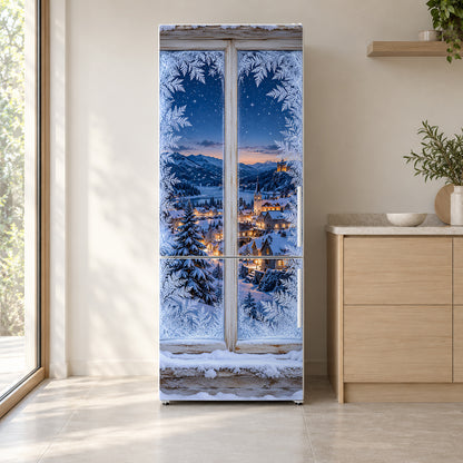 Frosted Winter Window fridge wrap on a white refrigerator in a bright kitchen
