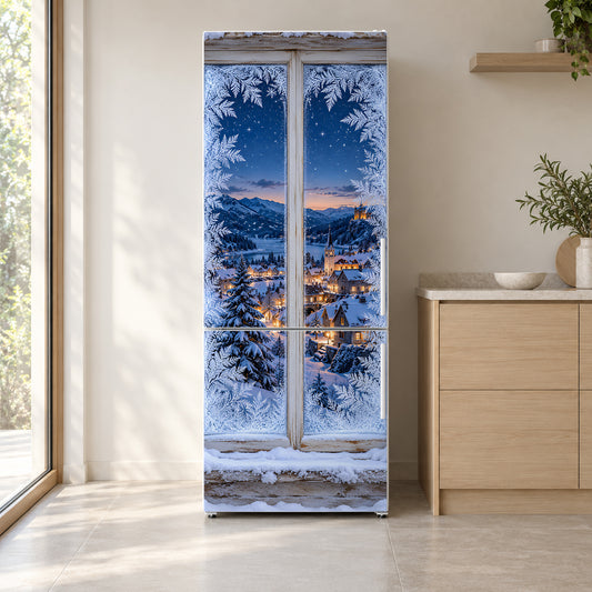 Frosted Winter Window fridge wrap on a white refrigerator in a bright kitchen