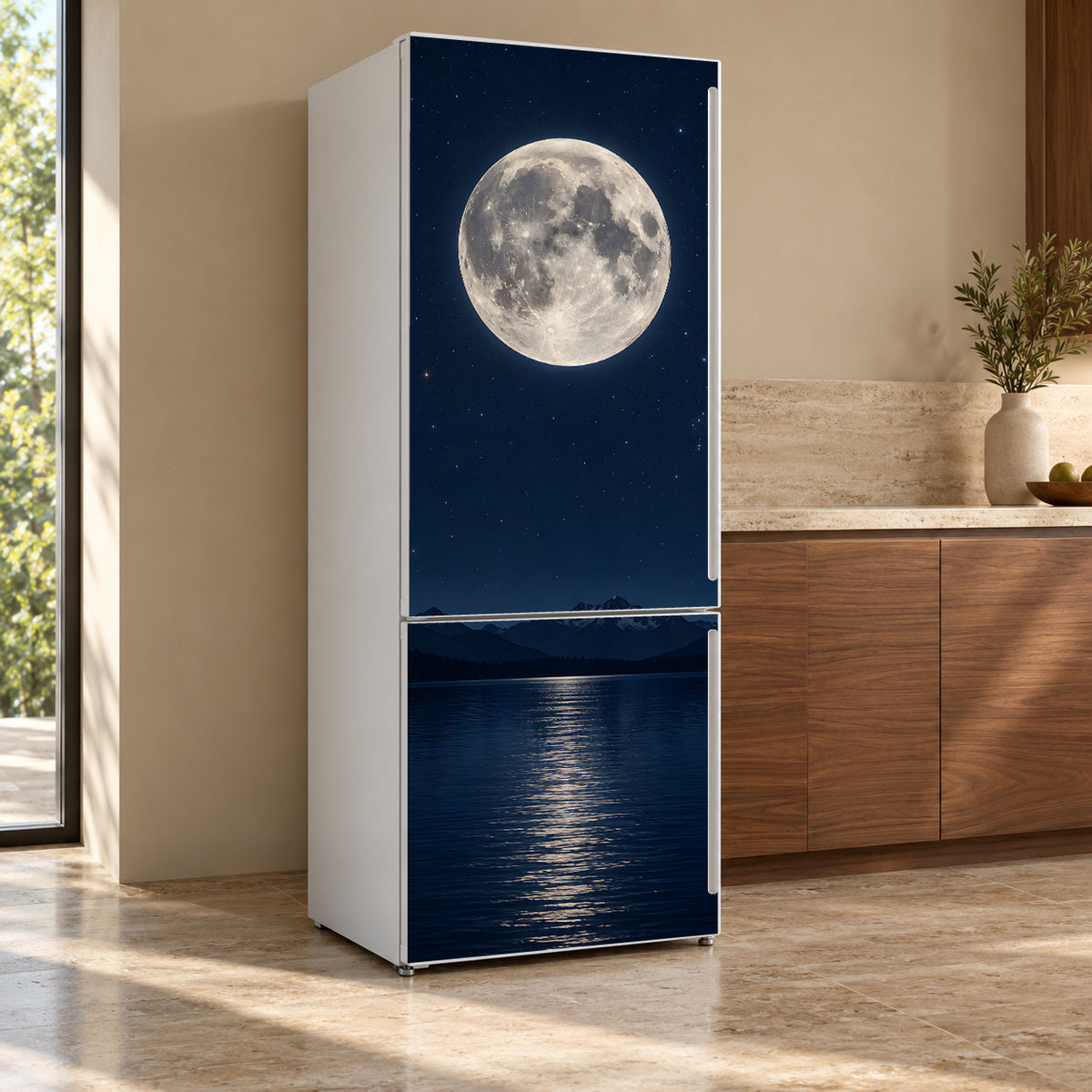 Full Moon over Lake fridge wrap, refrigerator shown at an angle