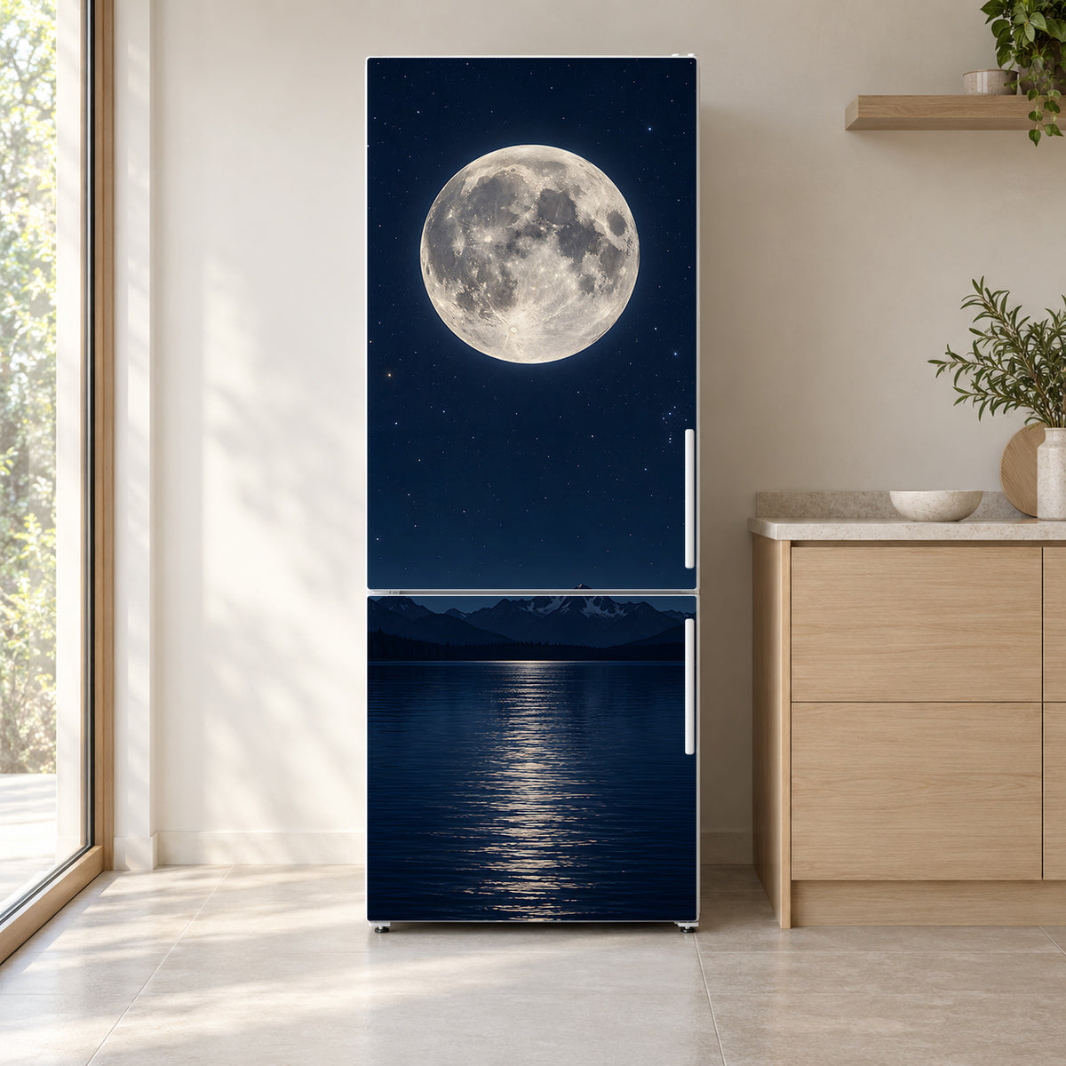 Full Moon over Lake fridge wrap on a white refrigerator in a bright kitchen
