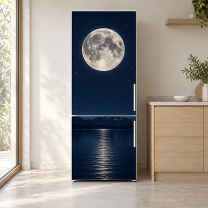 Full Moon over Lake fridge wrap on a white refrigerator in a bright kitchen