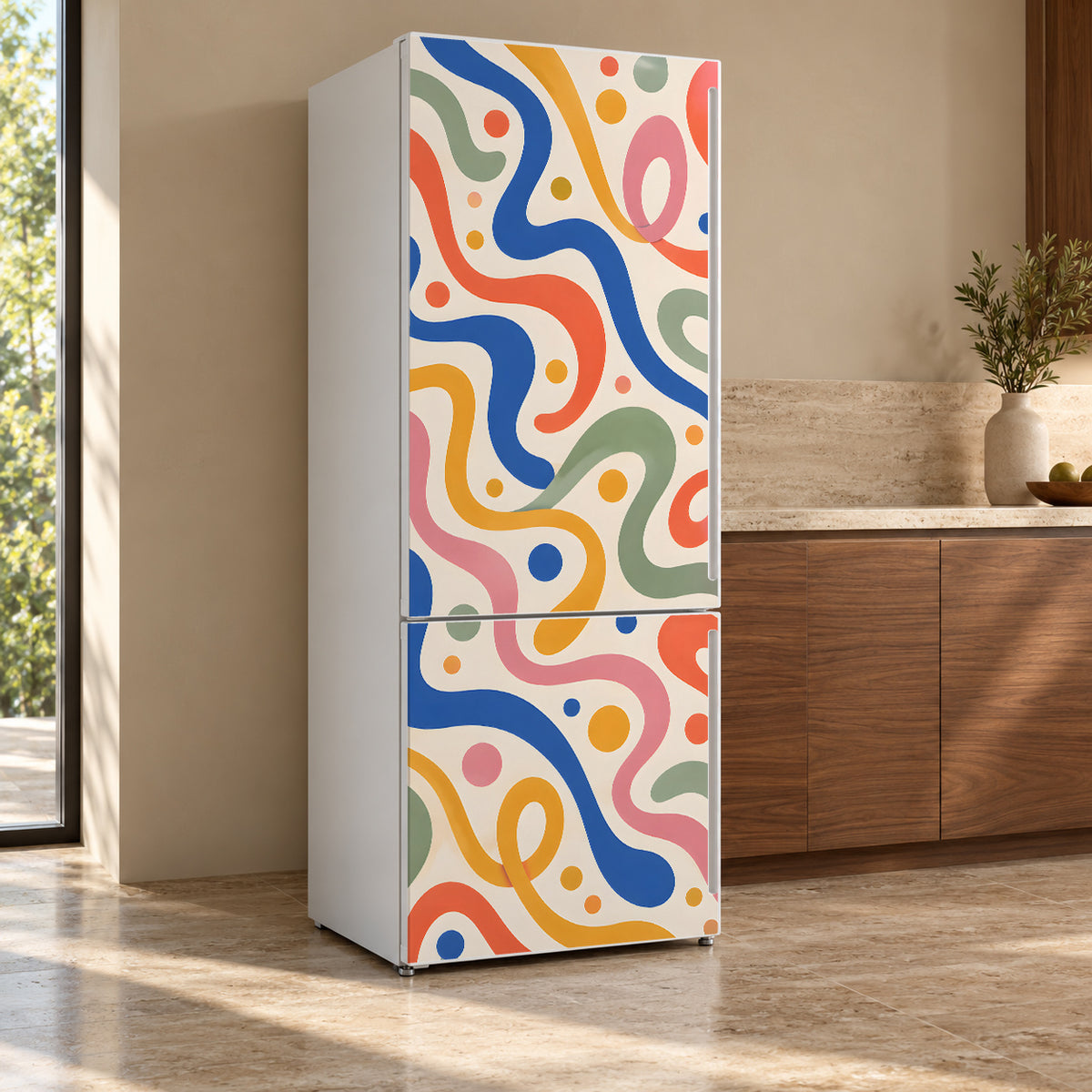 Fun Haus Squiggles fridge wrap, refrigerator shown at an angle