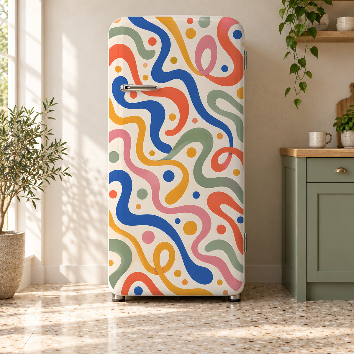 Fun Haus Squiggles fridge wrap on a retro refrigerator