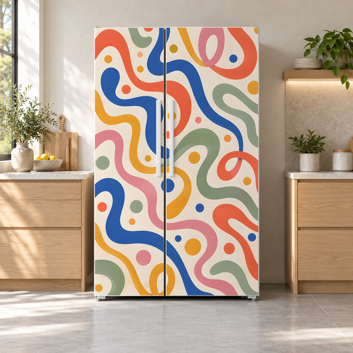 Fun Haus Squiggles fridge wrap on a side-by-side refrigerator