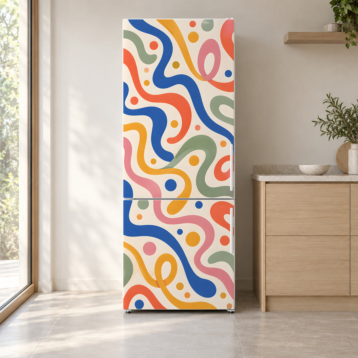 Fun Haus Squiggles fridge wrap on a white refrigerator in a bright kitchen