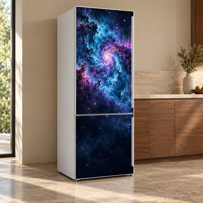 Galaxy Nebula fridge wrap, refrigerator shown at an angle