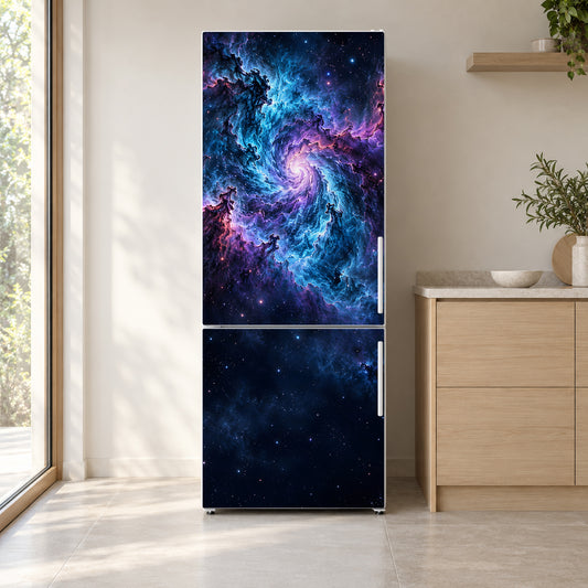 Galaxy Nebula fridge wrap on a white refrigerator in a bright kitchen