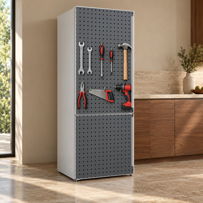 Garage Tool Pegboard fridge wrap, refrigerator shown at an angle