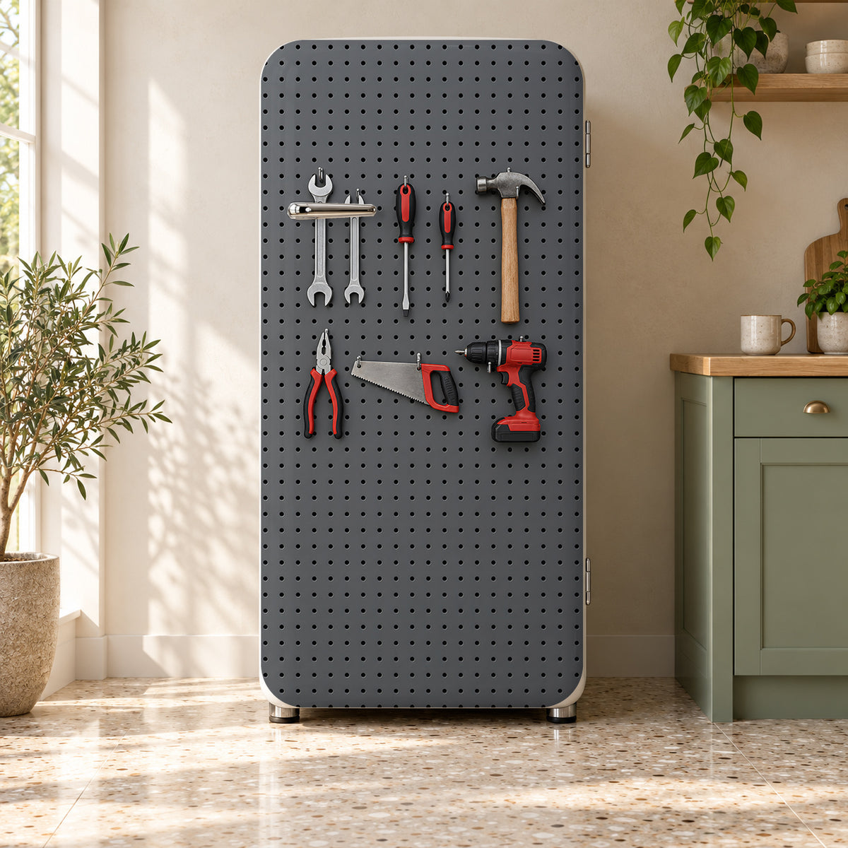 Garage Tool Pegboard fridge wrap on a retro refrigerator