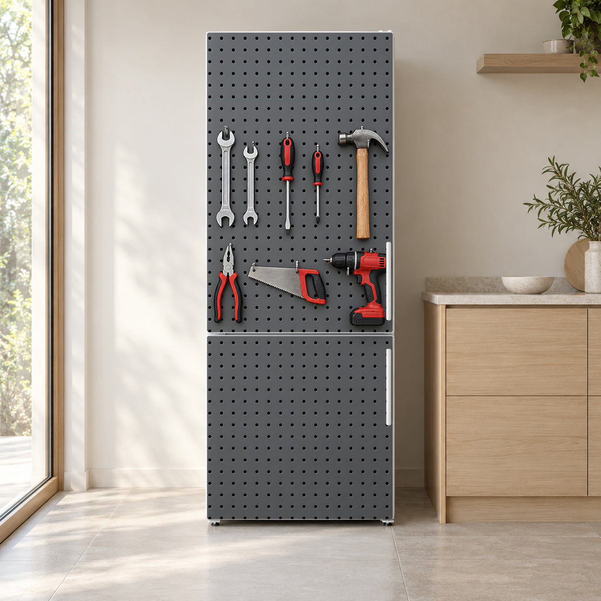 Garage Tool Pegboard fridge wrap on a white refrigerator in a bright kitchen
