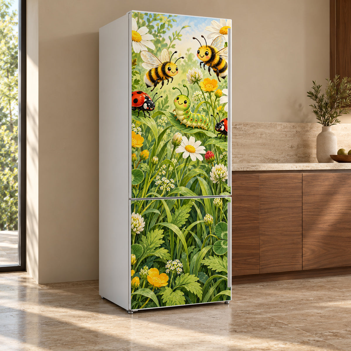 Garden Bugs Explorer fridge wrap, refrigerator shown at an angle