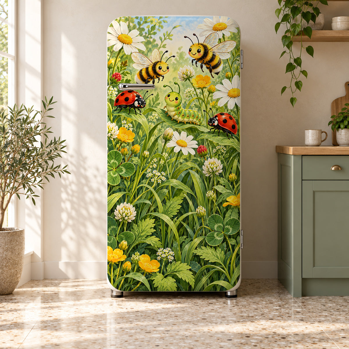 Garden Bugs Explorer fridge wrap on a retro refrigerator