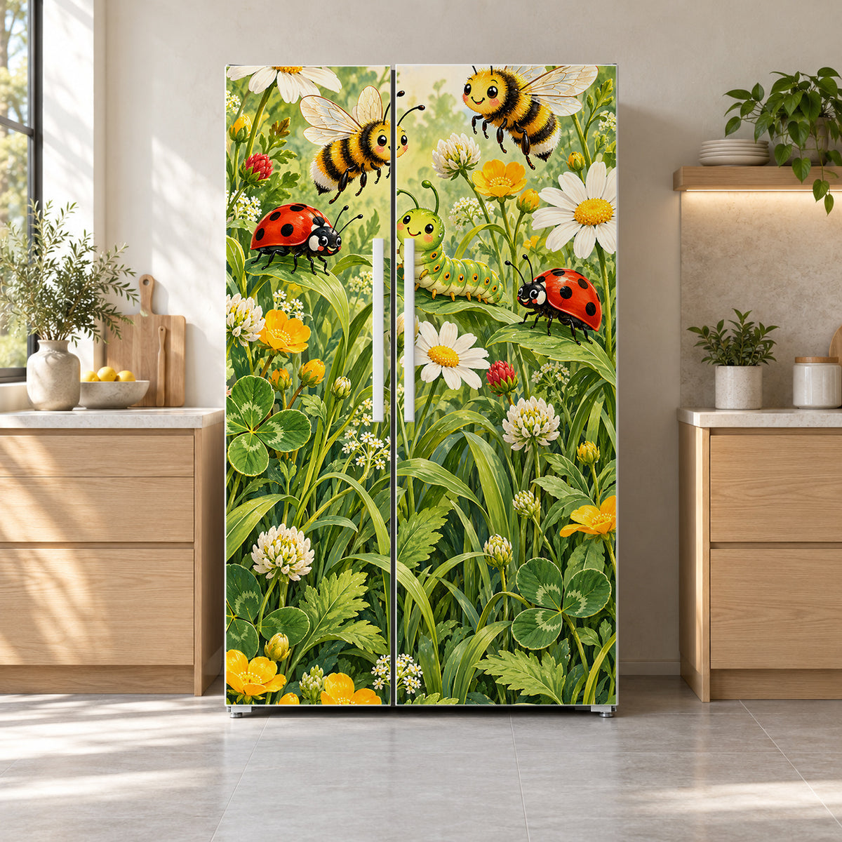 Garden Bugs Explorer fridge wrap on a side-by-side refrigerator