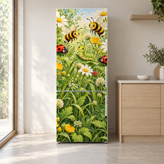 Garden Bugs Explorer fridge wrap on a white refrigerator in a bright kitchen