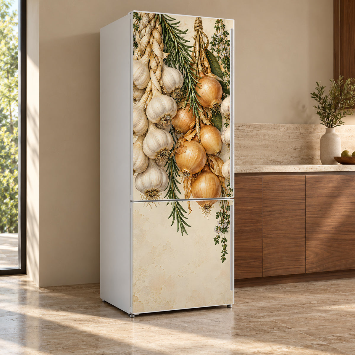 Garlic & Onion Braids fridge wrap, refrigerator shown at an angle