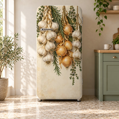 Garlic & Onion Braids fridge wrap on a retro refrigerator