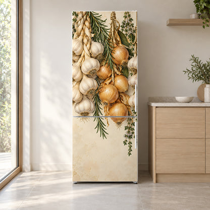 Garlic & Onion Braids fridge wrap on a white refrigerator in a bright kitchen