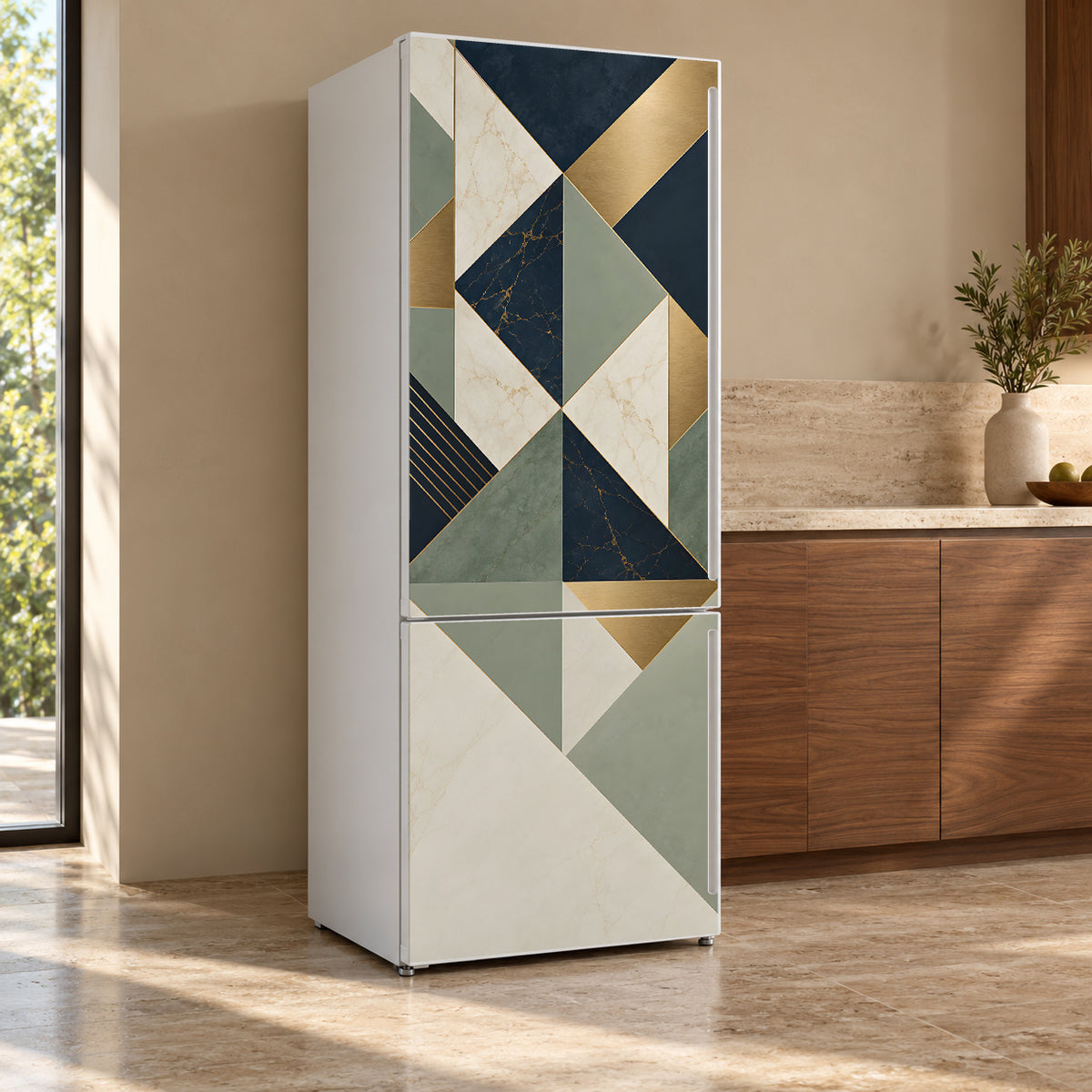 Geometric Triangles fridge wrap, refrigerator shown at an angle