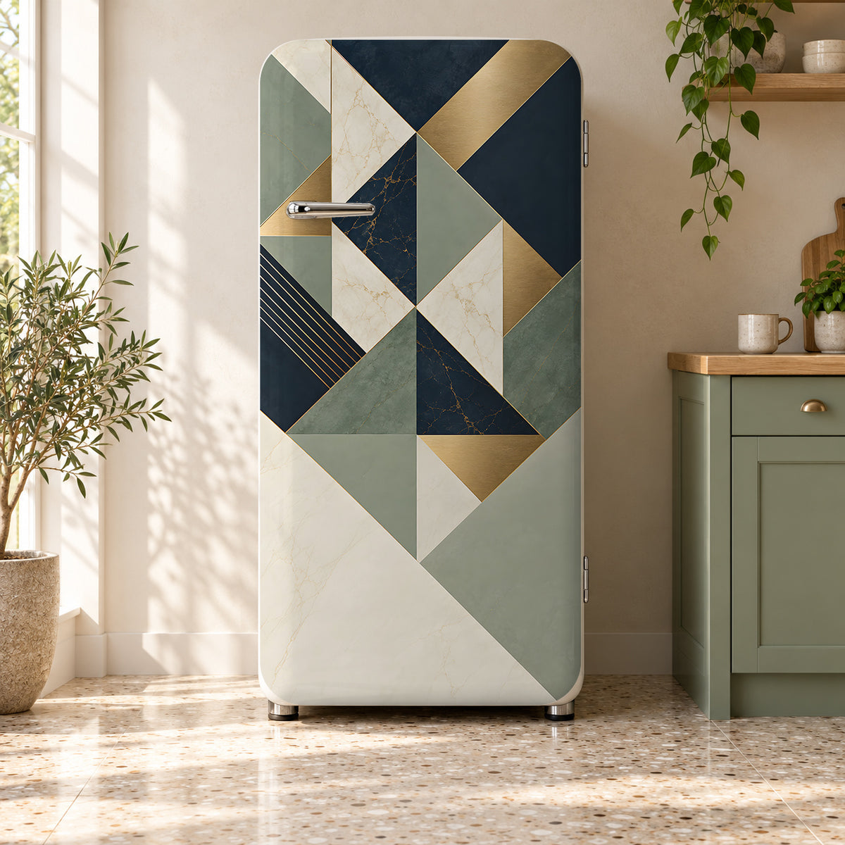 Geometric Triangles fridge wrap on a retro refrigerator