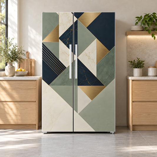 Geometric Triangles fridge wrap on a side-by-side refrigerator