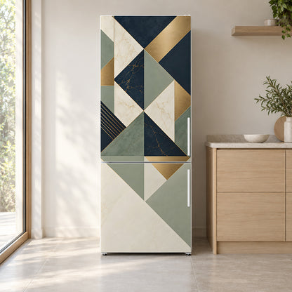 Geometric Triangles fridge wrap on a white refrigerator in a bright kitchen