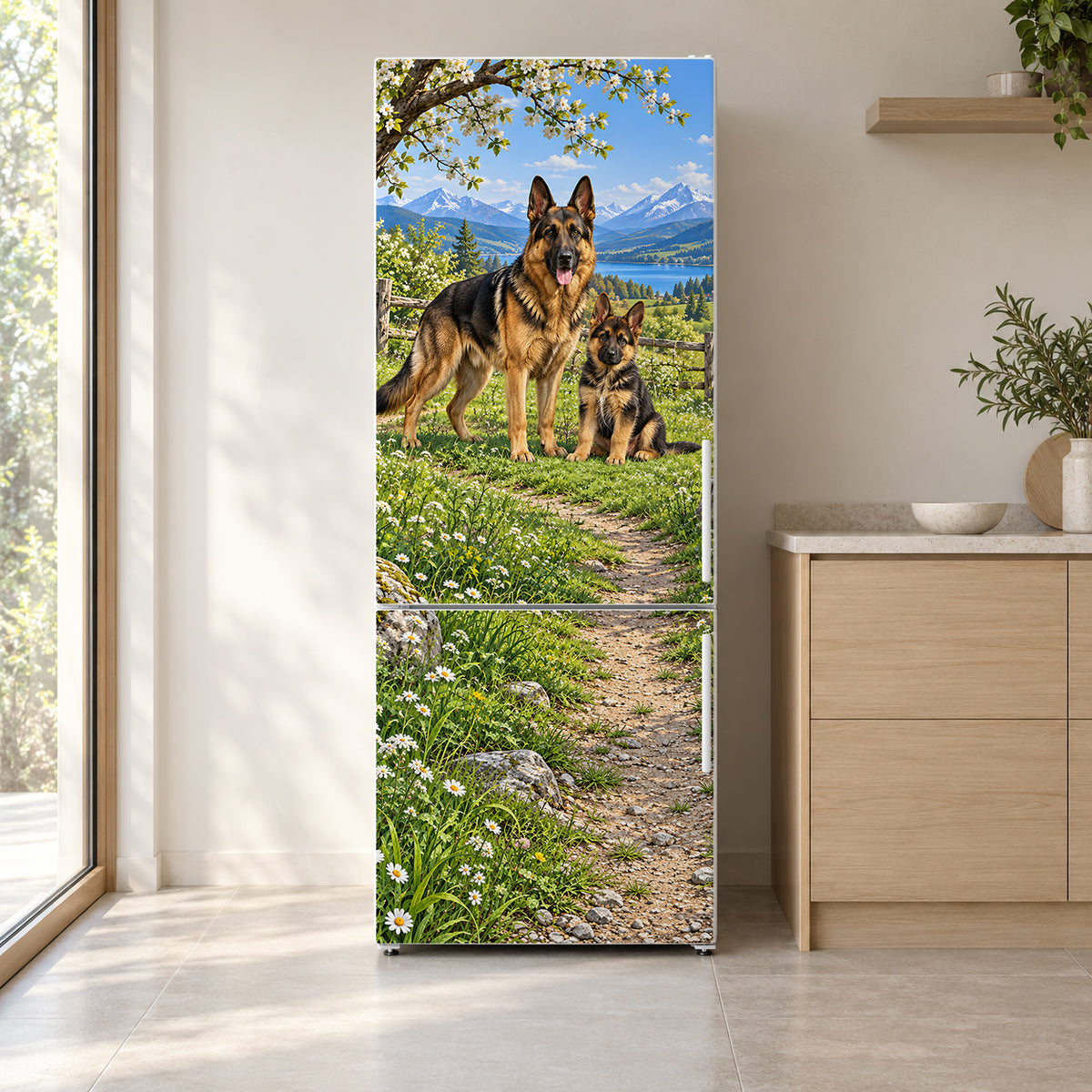 German Shepherds fridge wrap on a white refrigerator in a bright kitchen
