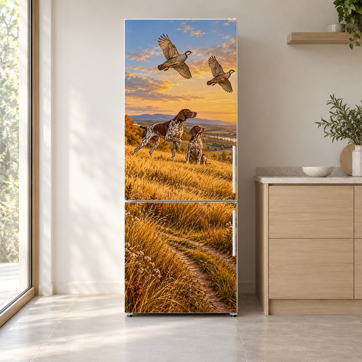 German Shorthaired Pointers fridge wrap on a white refrigerator in a bright kitchen