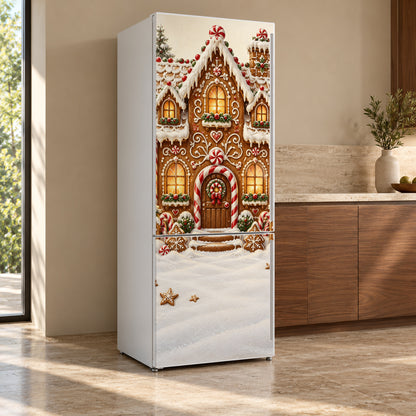 Gingerbread House fridge wrap, refrigerator shown at an angle