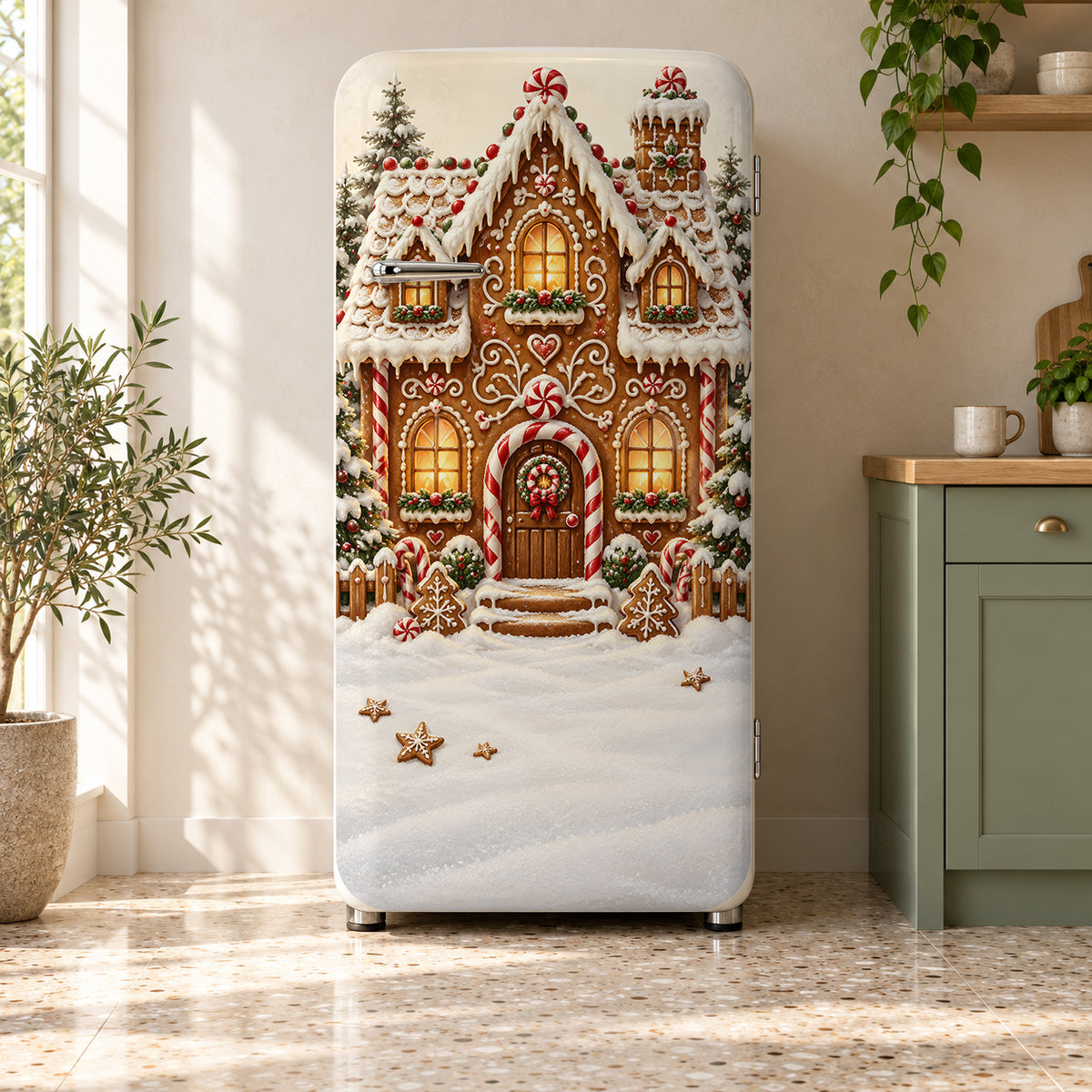 Gingerbread House fridge wrap on a retro refrigerator