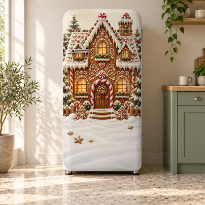 Gingerbread House fridge wrap on a retro refrigerator
