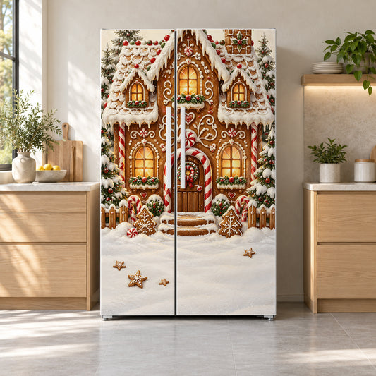 Gingerbread House fridge wrap on a side-by-side refrigerator