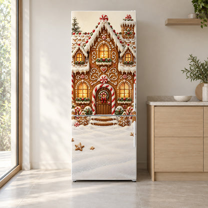 Gingerbread House fridge wrap on a white refrigerator in a bright kitchen
