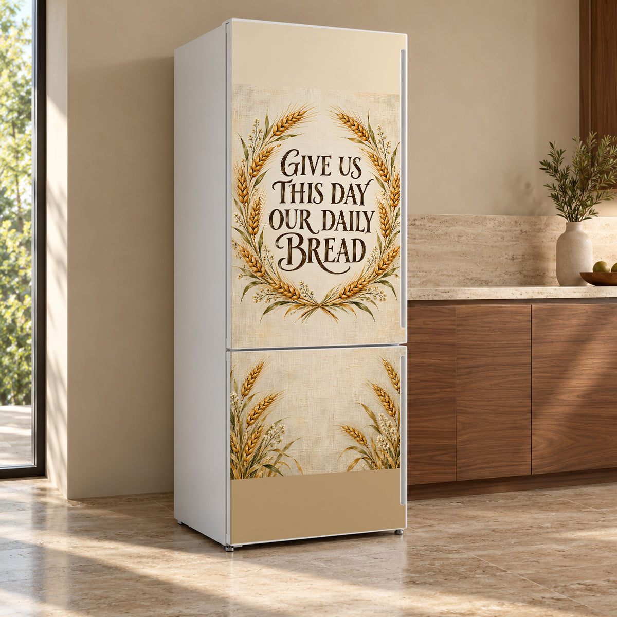 Give Us This Day Our Daily Bread fridge wrap, refrigerator shown at an angle