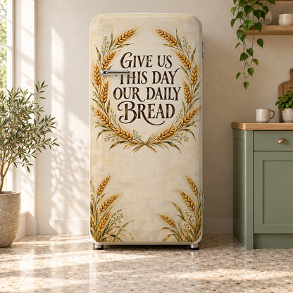 Give Us This Day Our Daily Bread fridge wrap on a retro refrigerator