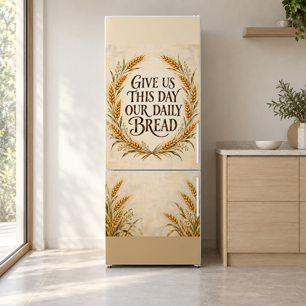 Give Us This Day Our Daily Bread fridge wrap on a white refrigerator in a bright kitchen