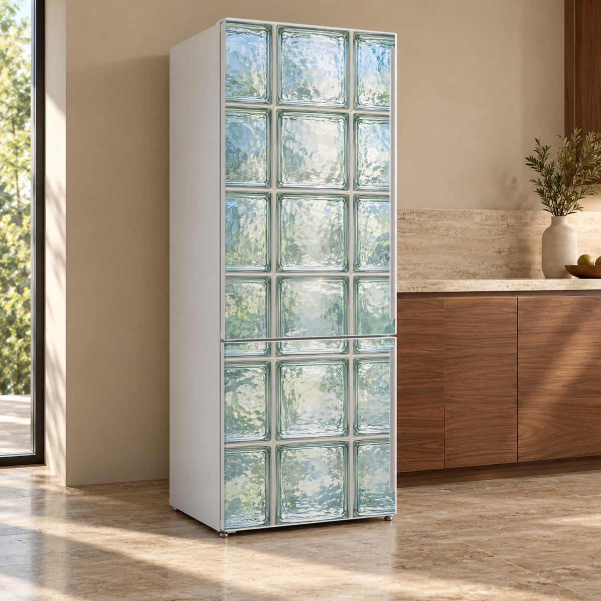 Glass Block Wall fridge wrap, refrigerator shown at an angle