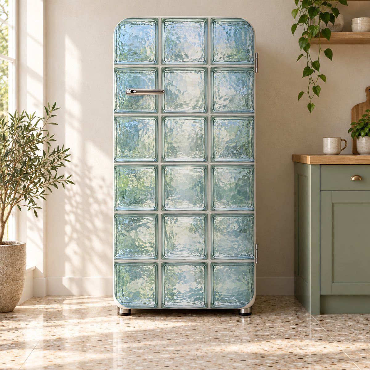 Glass Block Wall fridge wrap on a retro refrigerator