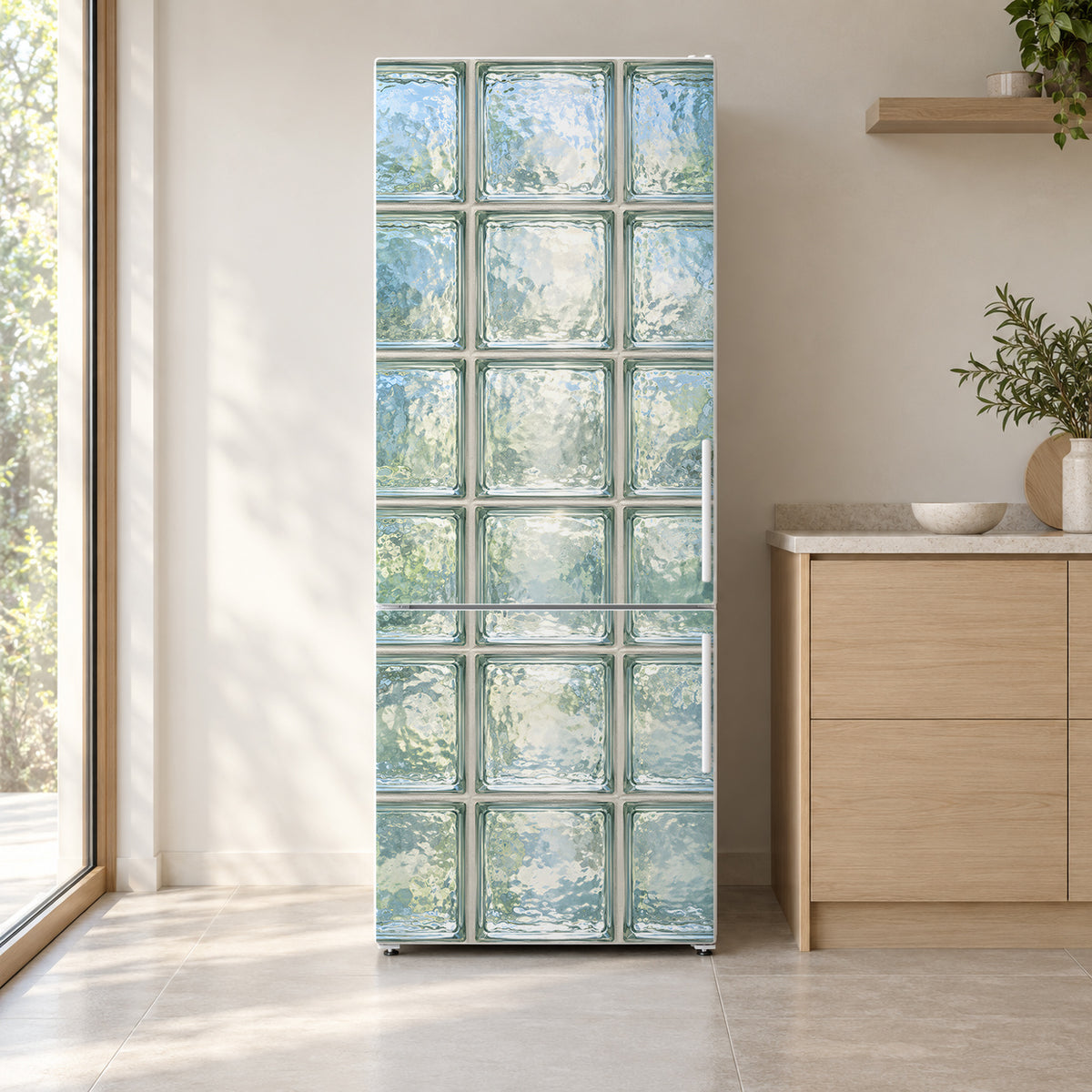 Glass Block Wall fridge wrap on a white refrigerator in a bright kitchen