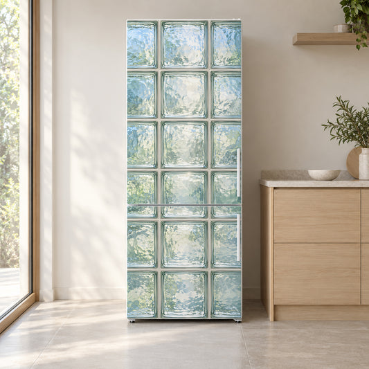 Glass Block Wall fridge wrap on a white refrigerator in a bright kitchen
