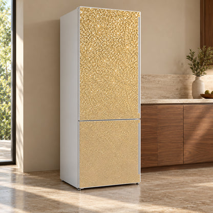 Gold Glitter Look fridge wrap, refrigerator shown at an angle