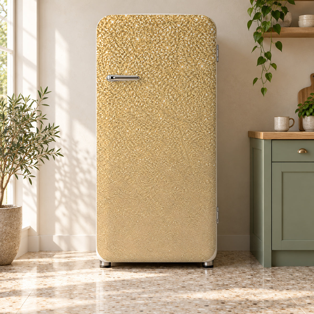 Gold Glitter Look fridge wrap on a retro refrigerator