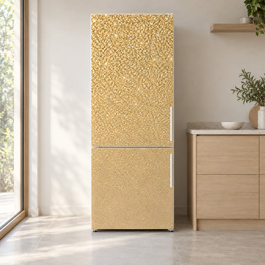 Gold Glitter Look fridge wrap on a white refrigerator in a bright kitchen