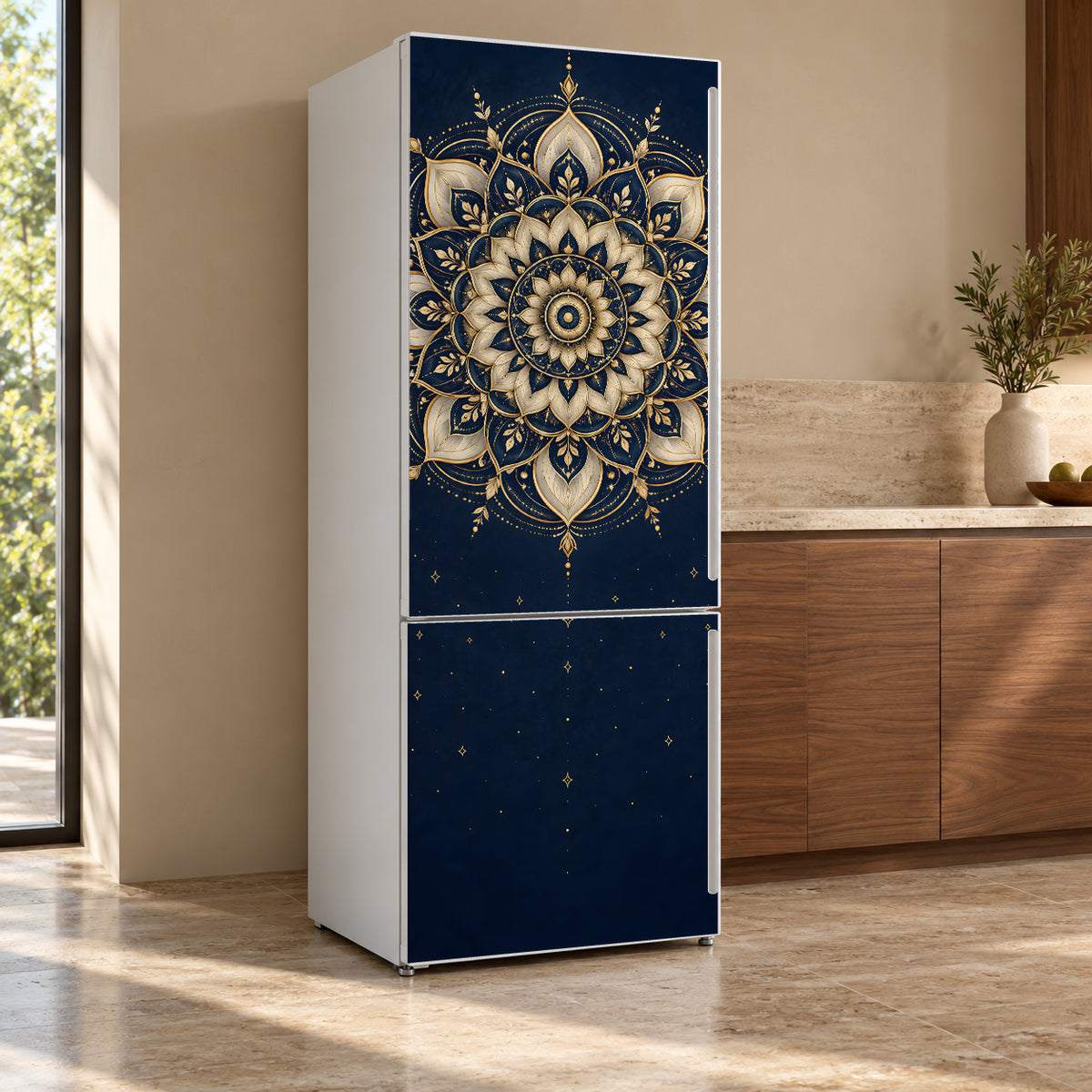 Gold Mandala fridge wrap, refrigerator shown at an angle