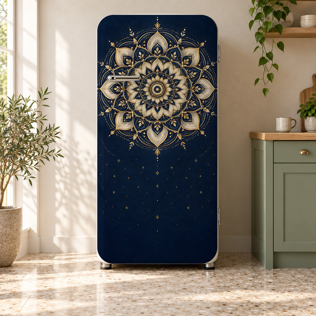 Gold Mandala fridge wrap on a retro refrigerator