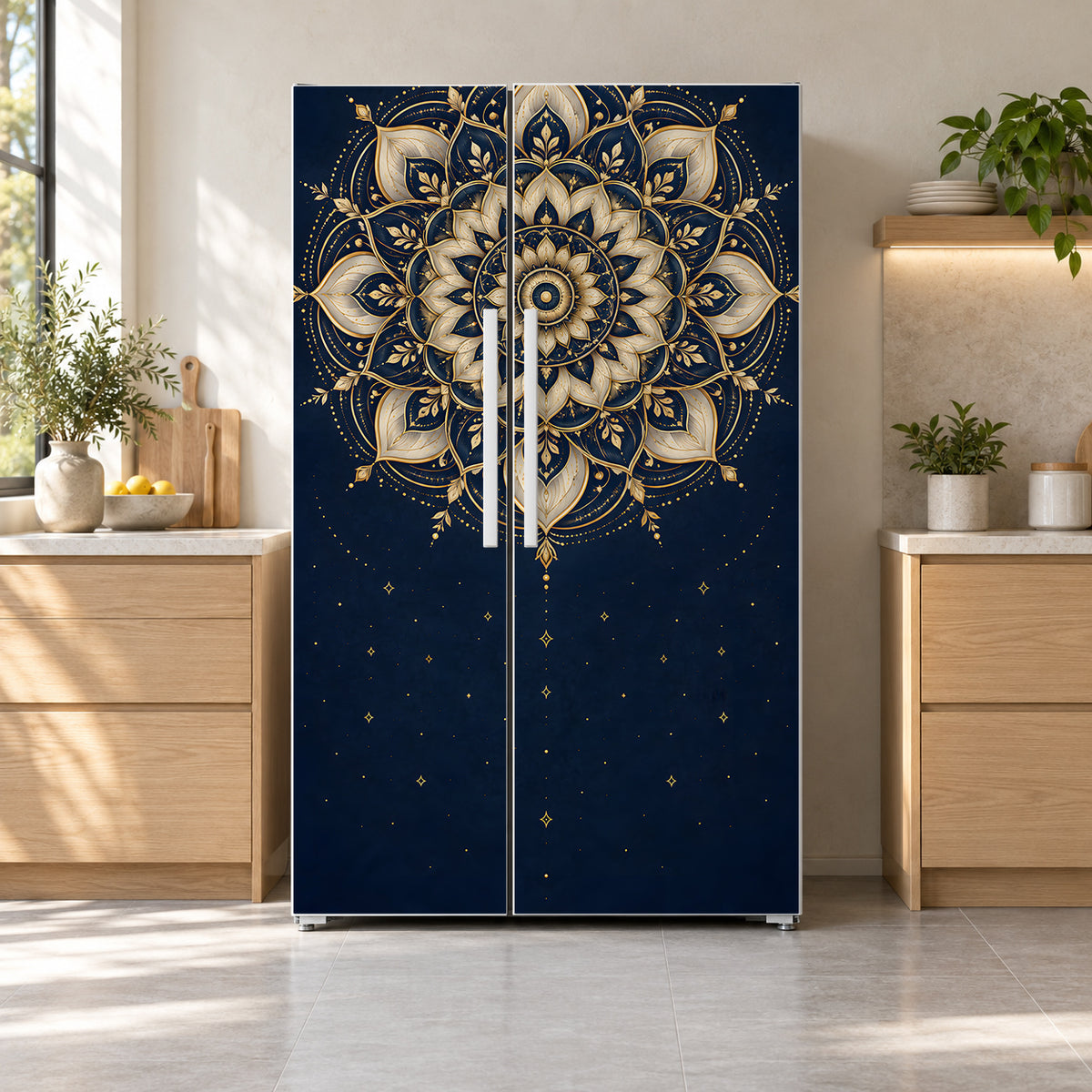 Gold Mandala fridge wrap on a side-by-side refrigerator
