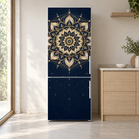 Gold Mandala fridge wrap on a white refrigerator in a bright kitchen