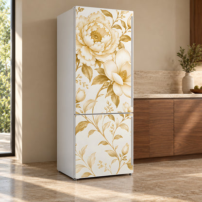 Gold & White Floral fridge wrap, refrigerator shown at an angle