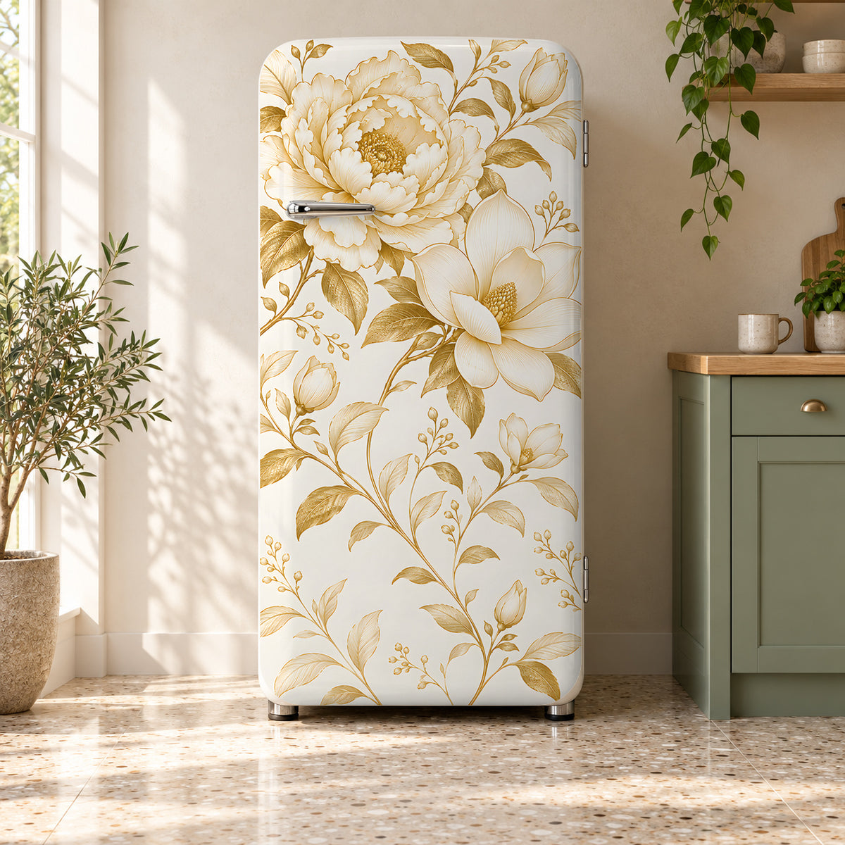 Gold & White Floral fridge wrap on a retro refrigerator