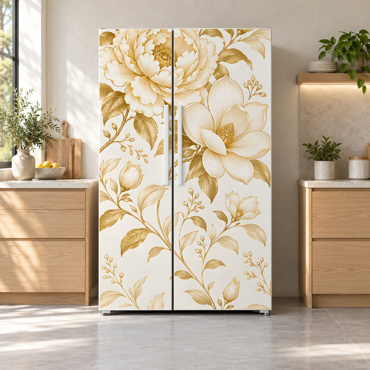 Gold & White Floral fridge wrap on a side-by-side refrigerator